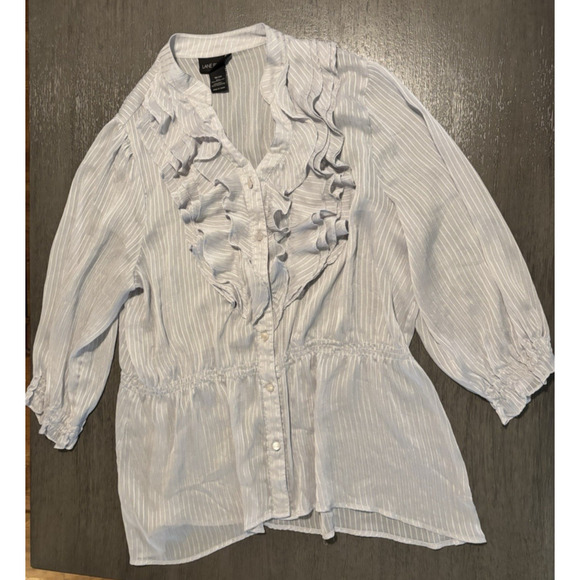 Lane Bryant Women's Gray Ruffle Front Button 3/4 Sleeve Sheer Tunic Size 18/20 - Picture 1 of 7